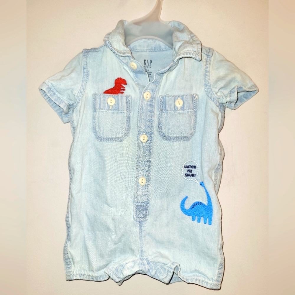 🦖 Baby Gap Blue Dinosaur Themed Denim Short One Piece Romper Outfit 3 Months